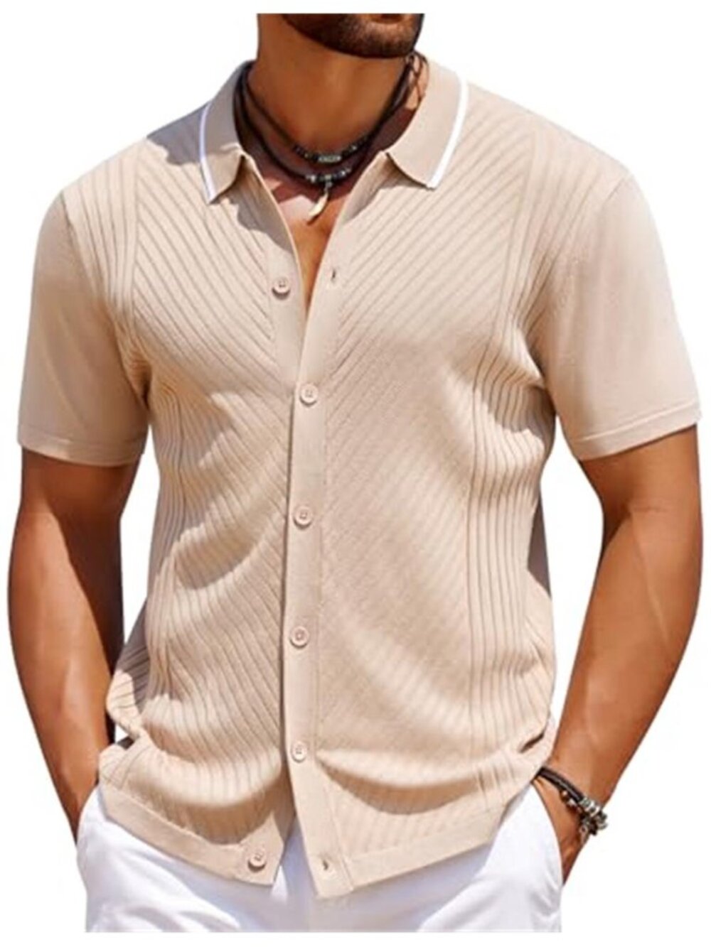 Mens Knit Button Up Shirt Short Sleeve Camp Collar Beach Vacation Summer Top